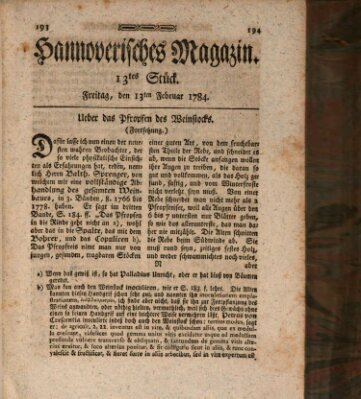 Hannoverisches Magazin (Hannoversche Anzeigen) Freitag 13. Februar 1784