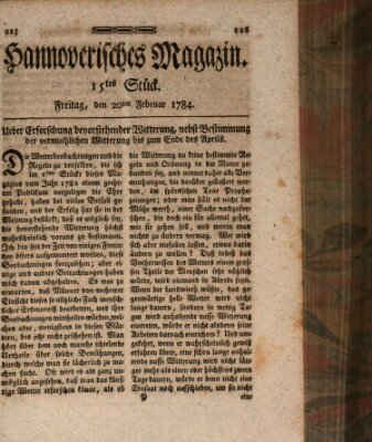 Hannoverisches Magazin (Hannoversche Anzeigen) Freitag 20. Februar 1784