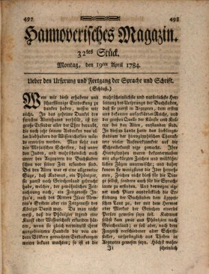 Hannoverisches Magazin (Hannoversche Anzeigen) Montag 19. April 1784