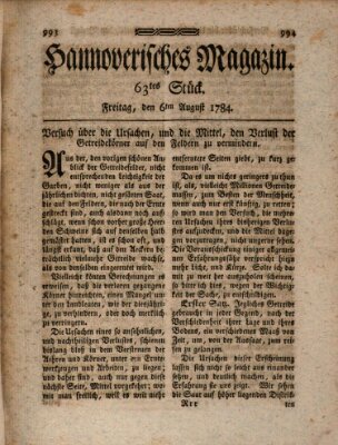 Hannoverisches Magazin (Hannoversche Anzeigen) Freitag 6. August 1784