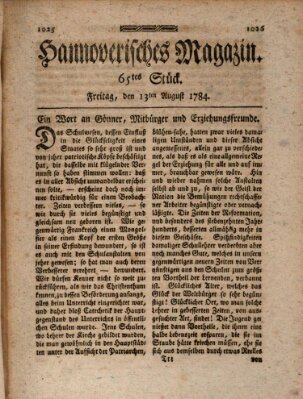 Hannoverisches Magazin (Hannoversche Anzeigen) Freitag 13. August 1784