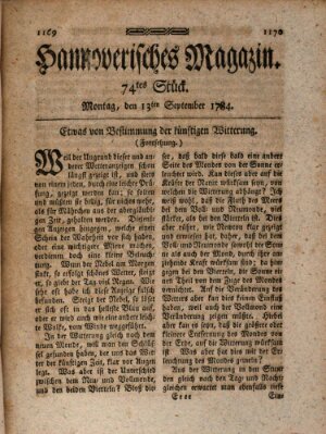 Hannoverisches Magazin (Hannoversche Anzeigen) Montag 13. September 1784