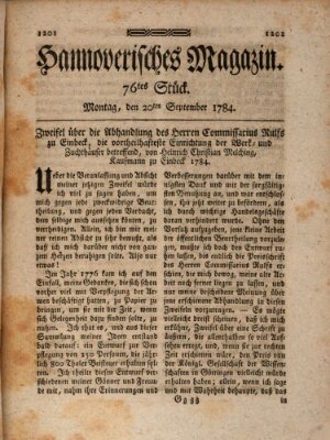 Hannoverisches Magazin (Hannoversche Anzeigen) Montag 20. September 1784