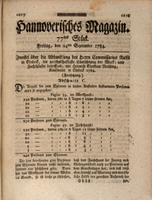 Hannoverisches Magazin (Hannoversche Anzeigen) Freitag 24. September 1784