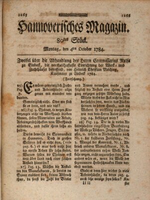 Hannoverisches Magazin (Hannoversche Anzeigen) Montag 4. Oktober 1784