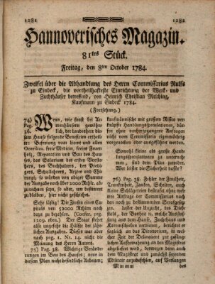 Hannoverisches Magazin (Hannoversche Anzeigen) Freitag 8. Oktober 1784