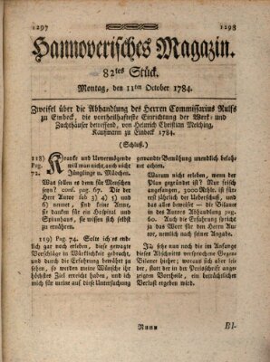 Hannoverisches Magazin (Hannoversche Anzeigen) Montag 11. Oktober 1784