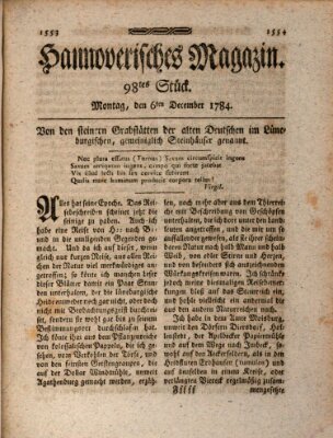 Hannoverisches Magazin (Hannoversche Anzeigen) Montag 6. Dezember 1784