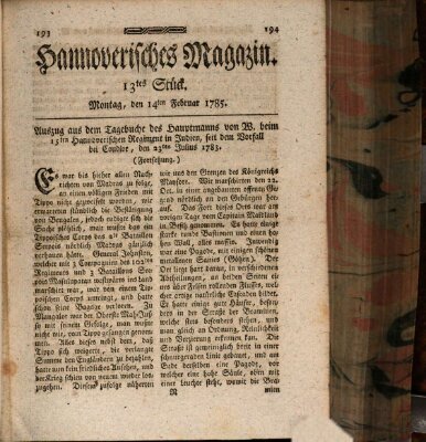 Hannoverisches Magazin (Hannoversche Anzeigen) Montag 14. Februar 1785