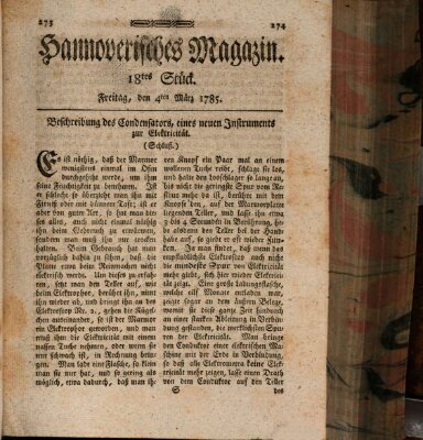 Hannoverisches Magazin (Hannoversche Anzeigen) Freitag 4. März 1785