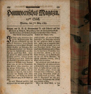 Hannoverisches Magazin (Hannoversche Anzeigen) Montag 7. März 1785