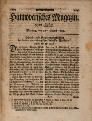 Hannoverisches Magazin (Hannoversche Anzeigen) Montag 22. August 1785