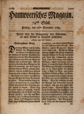 Hannoverisches Magazin (Hannoversche Anzeigen) Freitag 16. September 1785