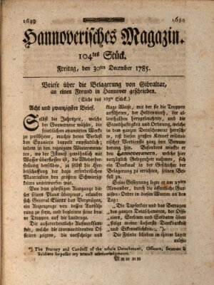 Hannoverisches Magazin (Hannoversche Anzeigen) Freitag 30. Dezember 1785