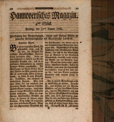 Hannoverisches Magazin (Hannoversche Anzeigen) Freitag 13. Januar 1786