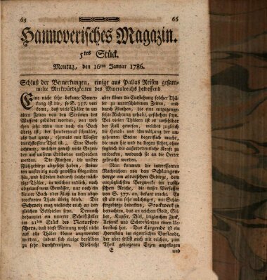 Hannoverisches Magazin (Hannoversche Anzeigen) Montag 16. Januar 1786