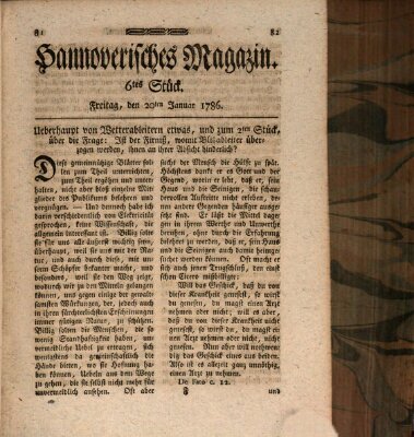 Hannoverisches Magazin (Hannoversche Anzeigen) Freitag 20. Januar 1786