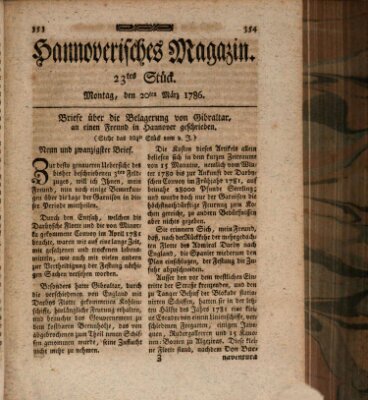 Hannoverisches Magazin (Hannoversche Anzeigen) Montag 20. März 1786