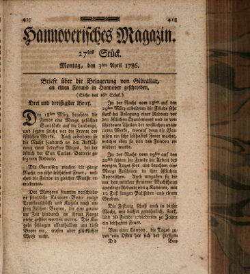 Hannoverisches Magazin (Hannoversche Anzeigen) Montag 3. April 1786