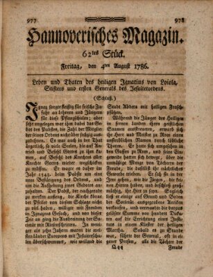 Hannoverisches Magazin (Hannoversche Anzeigen) Freitag 4. August 1786