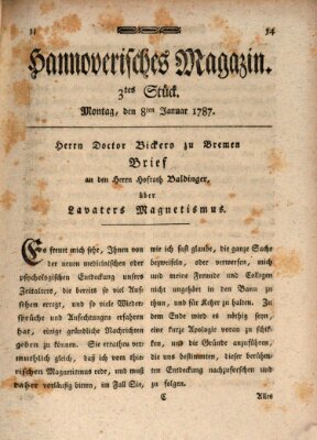 Hannoverisches Magazin (Hannoversche Anzeigen) Montag 8. Januar 1787