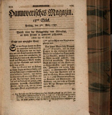 Hannoverisches Magazin (Hannoversche Anzeigen) Freitag 2. März 1787