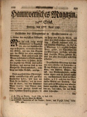 Hannoverisches Magazin (Hannoversche Anzeigen) Freitag 27. April 1787