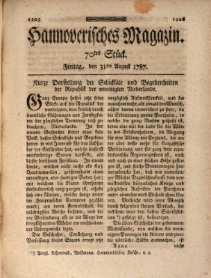 Hannoverisches Magazin (Hannoversche Anzeigen) Freitag 31. August 1787