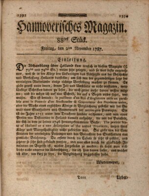 Hannoverisches Magazin (Hannoversche Anzeigen) Freitag 2. November 1787