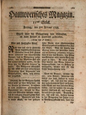 Hannoverisches Magazin (Hannoversche Anzeigen) Freitag 8. Februar 1788