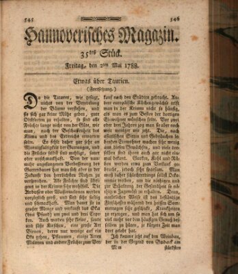 Hannoverisches Magazin (Hannoversche Anzeigen) Freitag 2. Mai 1788