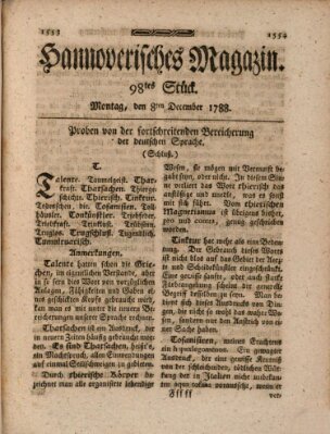 Hannoverisches Magazin (Hannoversche Anzeigen) Montag 8. Dezember 1788