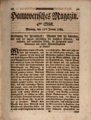 Hannoverisches Magazin (Hannoversche Anzeigen) Montag 12. Januar 1789