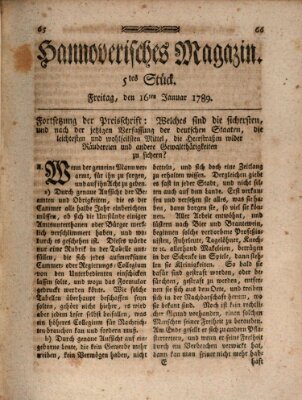 Hannoverisches Magazin (Hannoversche Anzeigen) Freitag 16. Januar 1789