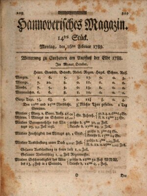 Hannoverisches Magazin (Hannoversche Anzeigen) Montag 16. Februar 1789