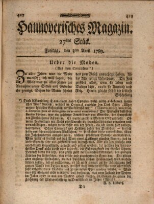 Hannoverisches Magazin (Hannoversche Anzeigen) Freitag 3. April 1789