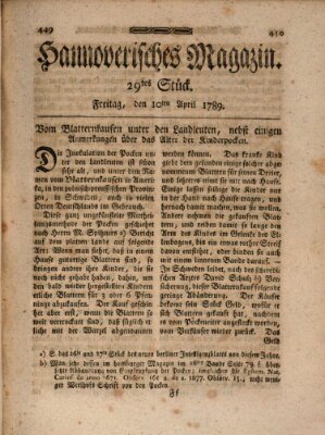 Hannoverisches Magazin (Hannoversche Anzeigen) Freitag 10. April 1789