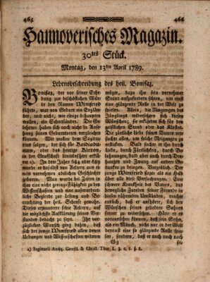 Hannoverisches Magazin (Hannoversche Anzeigen) Montag 13. April 1789