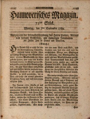 Hannoverisches Magazin (Hannoversche Anzeigen) Montag 7. September 1789