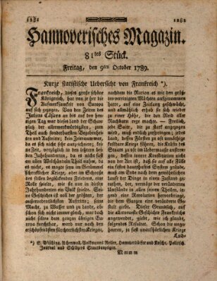 Hannoverisches Magazin (Hannoversche Anzeigen) Freitag 9. Oktober 1789