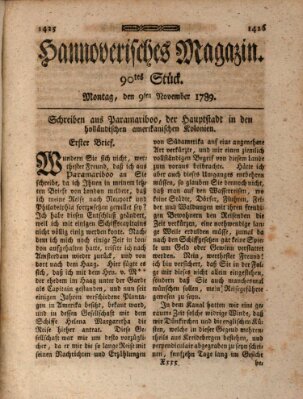 Hannoverisches Magazin (Hannoversche Anzeigen) Montag 9. November 1789