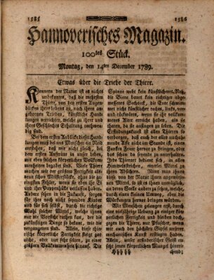 Hannoverisches Magazin (Hannoversche Anzeigen) Montag 14. Dezember 1789