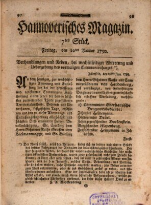 Hannoverisches Magazin (Hannoversche Anzeigen) Freitag 22. Januar 1790