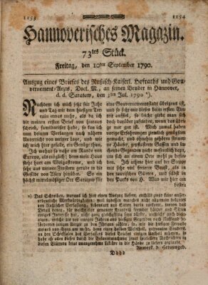 Hannoverisches Magazin (Hannoversche Anzeigen) Freitag 10. September 1790