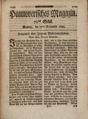 Hannoverisches Magazin (Hannoversche Anzeigen) Montag 27. September 1790