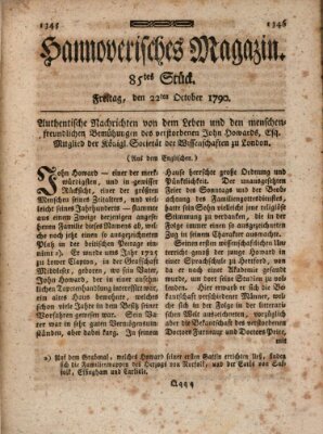 Hannoverisches Magazin (Hannoversche Anzeigen) Freitag 22. Oktober 1790