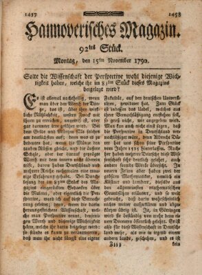 Hannoverisches Magazin (Hannoversche Anzeigen) Montag 15. November 1790