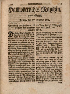 Hannoverisches Magazin (Hannoversche Anzeigen) Freitag 3. Dezember 1790