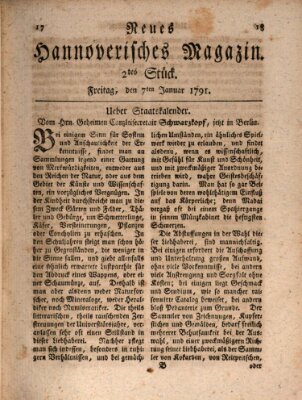 Neues hannoversches Magazin (Hannoversche Anzeigen) Freitag 7. Januar 1791