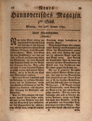 Neues hannoversches Magazin (Hannoversche Anzeigen) Montag 10. Januar 1791